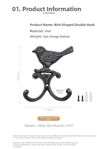 Detail view of bird double hook made of cast iron including screws for wall mounting