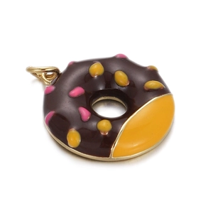 Detailed close-up of a chocolate donut pendant with colorful sprinkles and gold ring