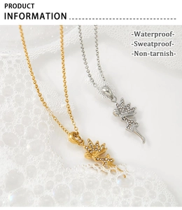 Waterproof fairy wing pendant necklace with zircons shown in gold and silver finish
