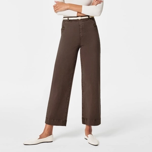 Detailed close-up of high-waisted brown wide-leg trousers with buttoned pocket design