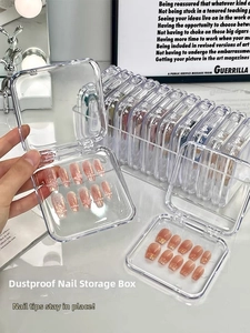 Macro shot of clear acrylic nail display boxes showing dustproof storage and flip lid detail