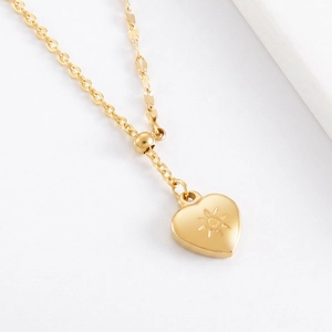Stainless Steel Heart Pendant Necklace Sunburst Engraved Elegant Adjustable Vintage Style Jewelry For Women