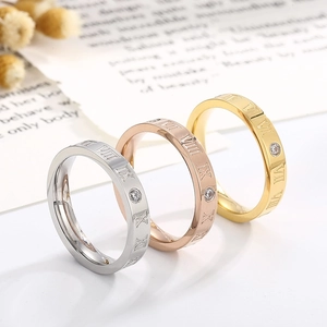 Roman Numeral Engraved Stainless Steel Ring With Sparkling Zircon Minimalist Couple Fashion Jewelry For Men And Women