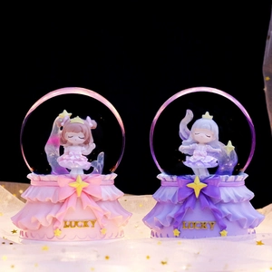 Pink and purple lucky music box crystal balls with crown girl figurines and LED snow