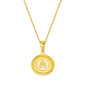 Collier doré en acier inoxydable avec pendentif rond lettre A en nacre et bordure