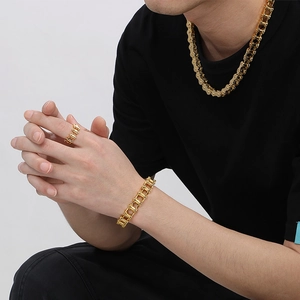 Men's hip-hop gold stainless steel jewelry set including necklace, bracelet and ring