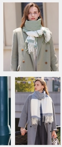Detail showing green and blue plaid scarves with tassels in soft warm fabric