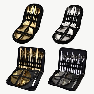Portable Stainless Steel Tableware For Camping Picnic Outdoor Mirror Polished Forks Spoons Knives Plates Clips With Bag