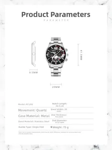Detailed parameter diagram for quartz watch M1208 with stainless steel band and dimensions