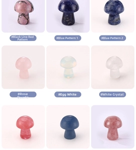 Detailed grid showing variety of natural crystal and gemstone mushroom-shaped crafts