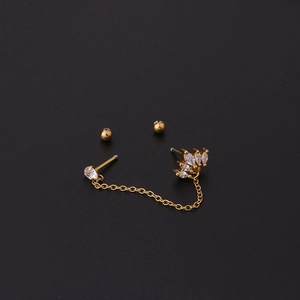 Gold stainless steel double piercing earrings with CZ chain and crown design