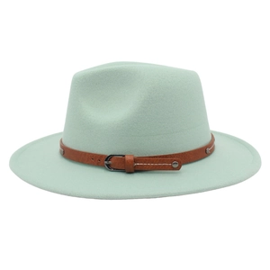 Detailed close-up of mint green fedora hat with brown faux leather belt and buckle