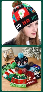 Detail view of knitted Christmas beanies with LED lights featuring reindeer and snowman patterns