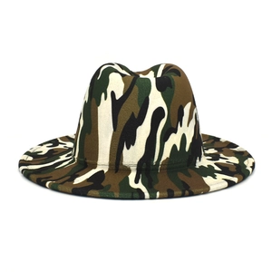Macro shot of jungle camouflage wool fedora featuring classic wide brim and felt texture