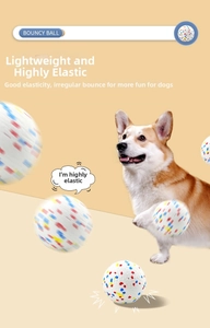 Close-up of high-elasticity pet ball with colorful spots showing bouncing motion trail