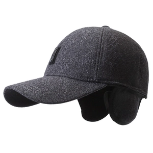 Winter thermal earflap baseball cap in dark grey wool blend for men outdoor windproof wear