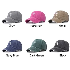 Washed cotton baseball caps with palm tree embroidery in six assorted vintage colors