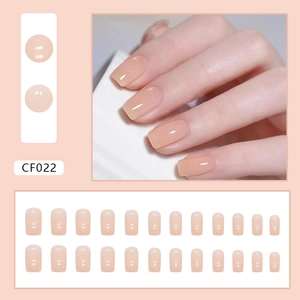 Glossy nude pink square press-on nails set with 24 pieces in a clean layout