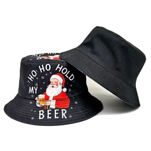 Black cotton bucket hat with funny Santa Claus holding beer and holiday print