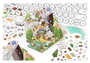Detail of colorful camping stickers with tents and vans on a white keyboard background