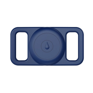 Detail of navy blue silicone waterproof AirTag holder with dual-side attachment loops