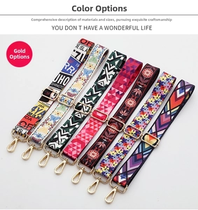 Close-up of adjustable woven bag straps with geometric patterns and gold metal buckles