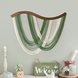 Suspension Murale Macramé Boho Corde De Coton Tapisserie Tissée Main Avec Barre En Bois Incurvée Franges Décoratives Chic