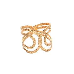 Irregular textured gold open bangle with a multi-layer twisted rope knot design