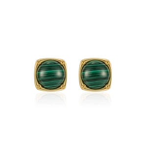 S925 sterling silver ear studs with gold square frames and green malachite stones