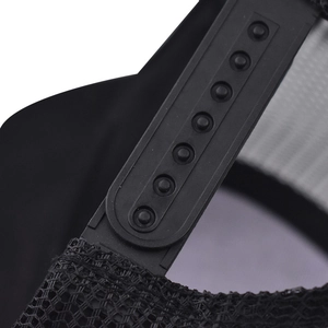 Detail shot of the adjustable plastic snapback closure and mesh panel on a black baseball cap