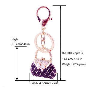 Rose gold rhinestone bow handbag keychain with detailed size measurements and dimensions
