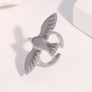 Adjustable silver bird open ring in polished stainless steel with unique bird shadow effect