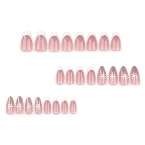 French white snowflake press-on nails with pink glitter and almond shape design