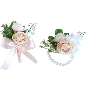 European wedding boutonniere and wrist corsage set with pink roses and white pearls
