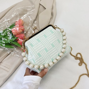 Detail of woven shell bag with large pearl handle and gold chain strap in mint green