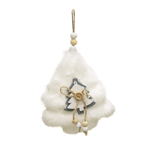 Cute plush angel Christmas tree ornament in white and wood with a natural rope loop