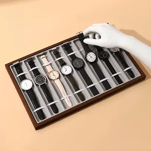 10-slot walnut wood grain watch display tray with soft velvet inserts for organization