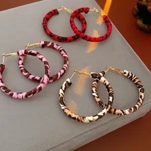 Leopard Print Round Hoop Earrings Faux Leather Wrapped With Silver Earring Post Vintage Fashion Women Accessory