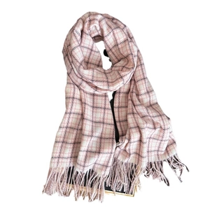 Pink and grey plaid cashmere-style scarf with tassel fringe on a white background