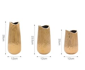 Detailed size chart for gold plated ceramic vases in heights of 28cm, 23.5cm and 20cm