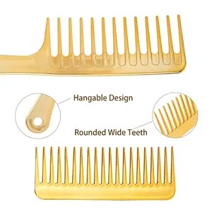 Golden wide-tooth hair comb set with metallic finish and rounded teeth for detangling
