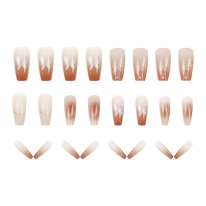 Brown gradient press-on nails with butterfly patterns and long trapezoid shape, 24 pieces set