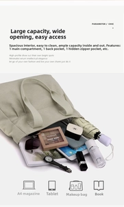 Detail view of spacious canvas tote interior with pockets for A4 magazines and tablets