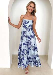 Detail of blue floral satin maxi dress with square neck and spaghetti straps