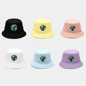 Earth Embroidery Cotton Canvas Bucket Hat Sun Protection Wide Brim Outdoor Travel Adjustable Cord Unisex Casual