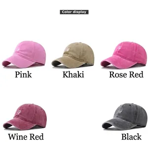 Washed cotton baseball caps with heart embroidery in pink, khaki, wine and black colors