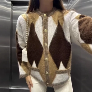 Oversized argyle knit cardigan in brown and beige with vintage gold buttons