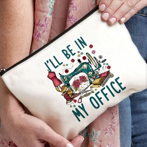 Canvas makeup bag with 'I'll Be In My Office' sewing print and sturdy metal zipper