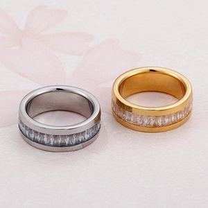 Fashionable gold and silver stainless steel rings featuring full clear zircon stones