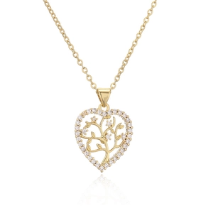 Gold plated heart pendant necklace featuring a cubic zirconia Tree of Life design